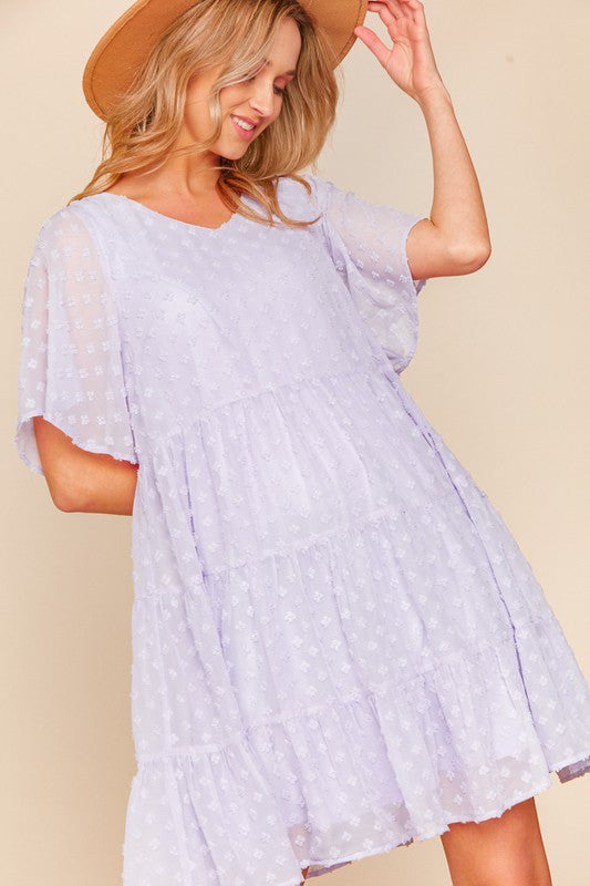 SWISS DOT WOVEN FLUTTER SLEEVE MIDI DRESS