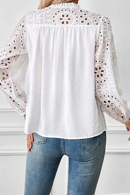 Solid Long Sleeve Eyelet Blouse