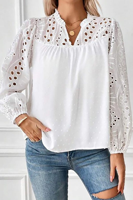 Solid Long Sleeve Eyelet Blouse
