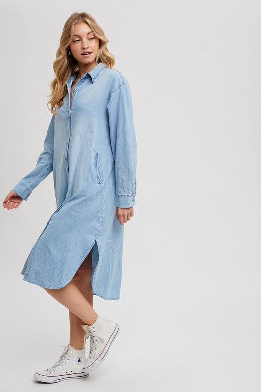 DENIM LONGLINE SHIRT MIDI DRESS