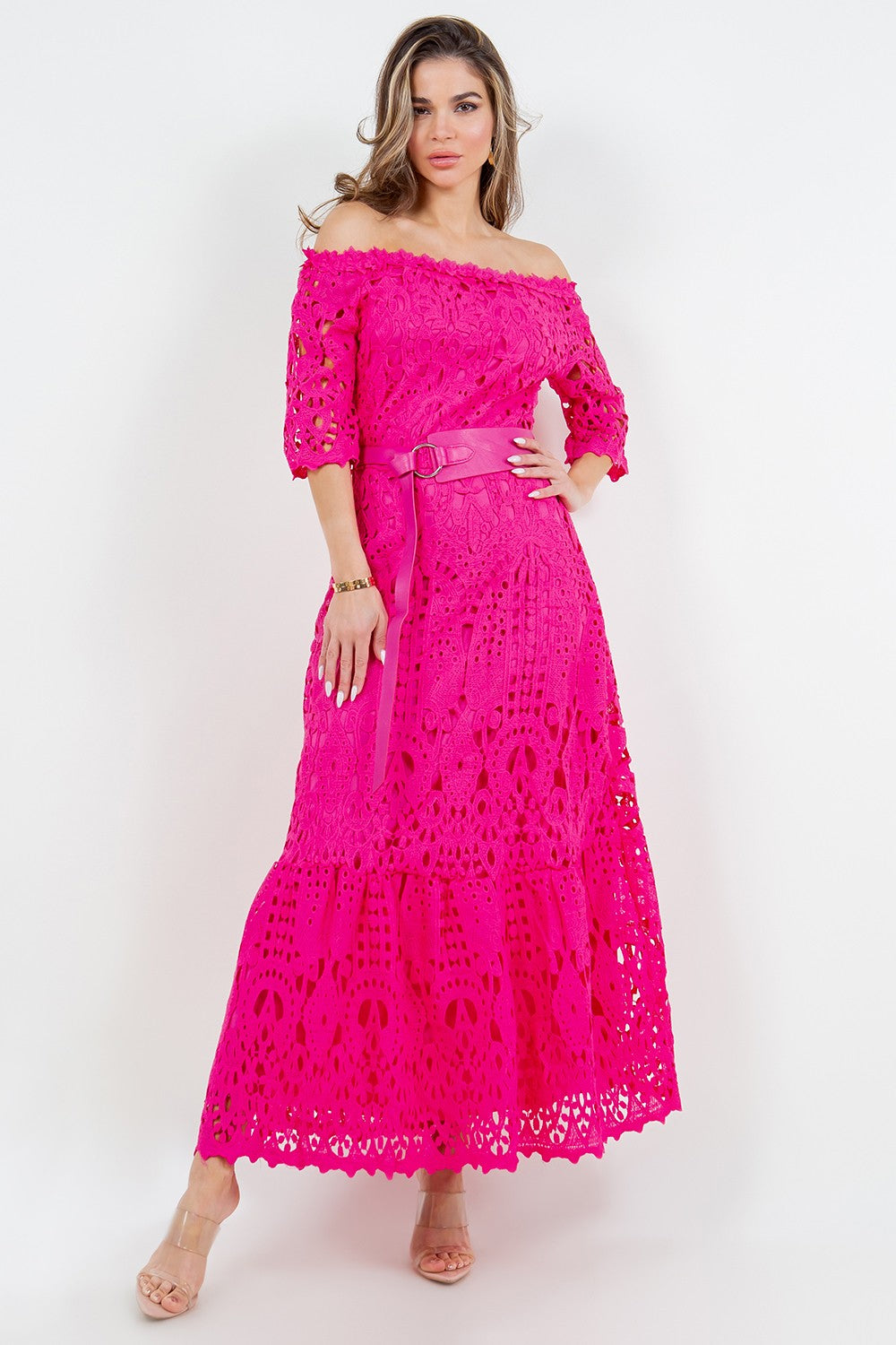 LONG LACE DRESS BELTED