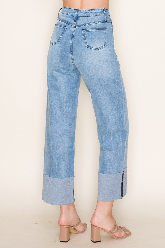 STRAIGHT LEG CUFFED DARK JEANS