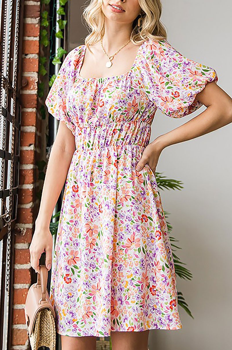 FLORAL PUFF SLEEVE SQUARE NECK DRESS