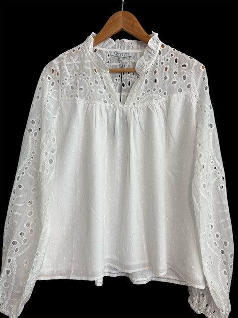 Solid Long Sleeve Eyelet Blouse