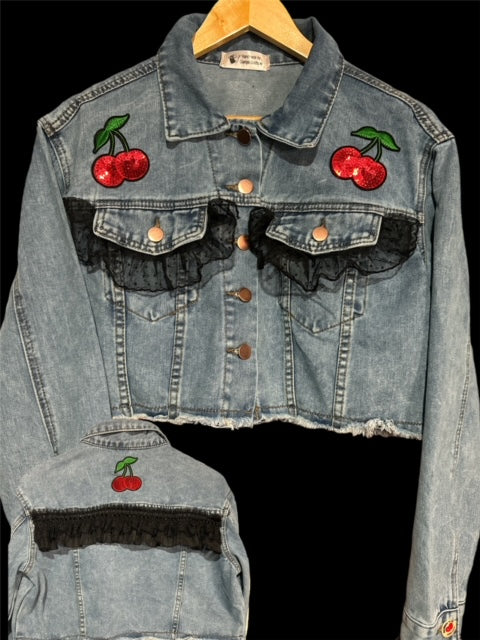 Dennim Crop Jacket. (Red Cherries)