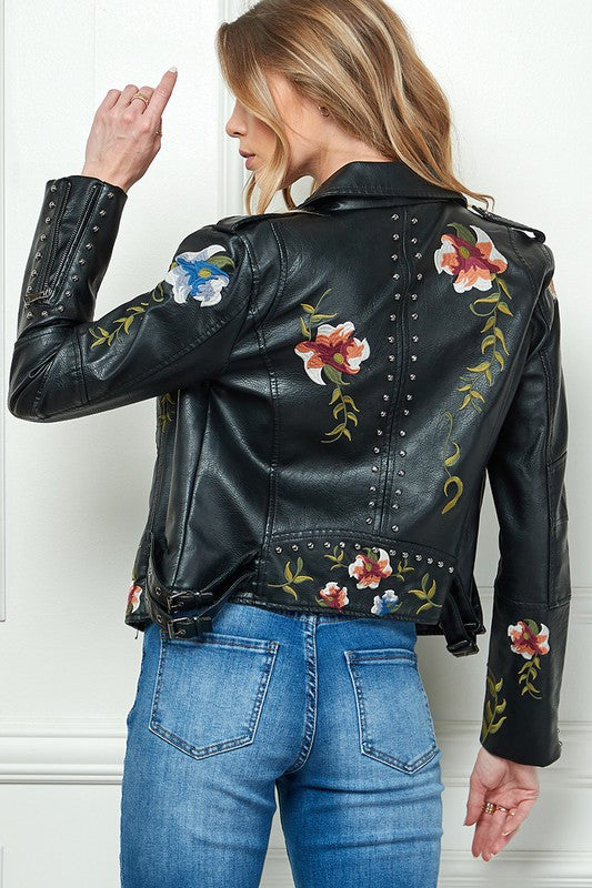 FLORAL EMBROIDERY LEATHER JACKET (BLACK)