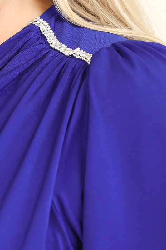Draped Neckline Cascade and Rhinestone Trim Top (PLUS)