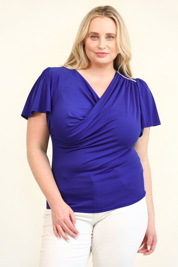 Draped Neckline Cascade and Rhinestone Trim Top (PLUS)