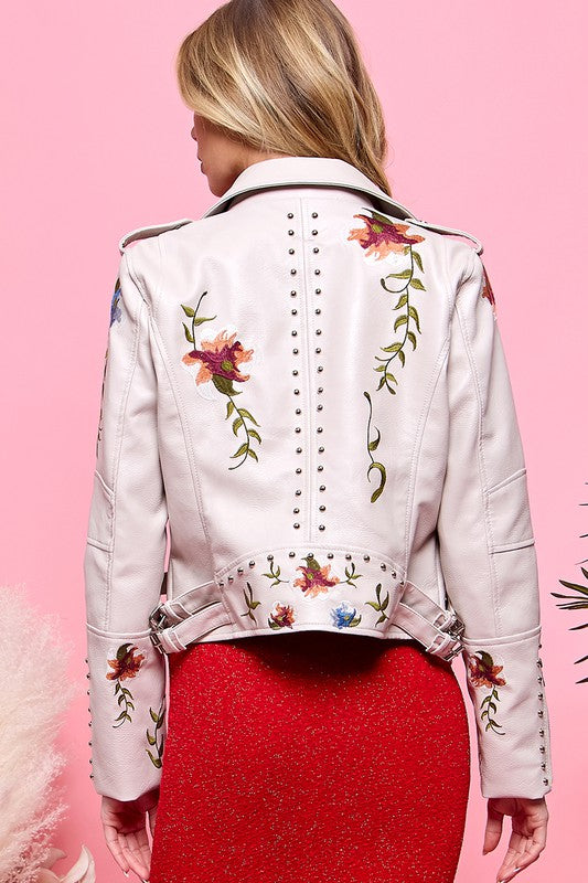 FLORAL EMBROIDERY LEATHER JACKET (WHITE)