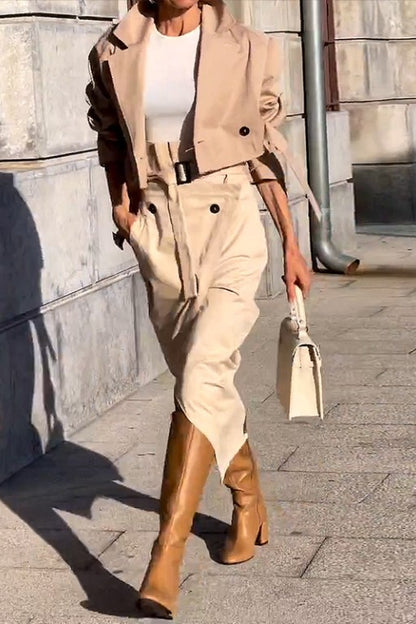 Crop Jacket and Skirt Set (KHAKI)