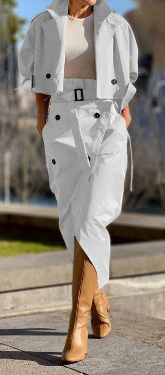 Crop Jacket and Skirt Set (WHITE)