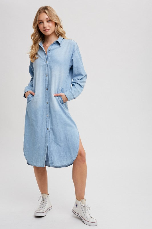 DENIM LONGLINE SHIRT MIDI DRESS