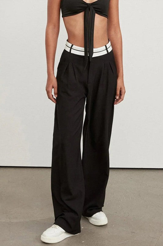 Patchwork Zippered Straight Leg PantsAS(BLACK)