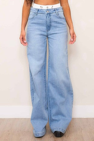 Double Waist Band High-Rise Wide Leg Jeans