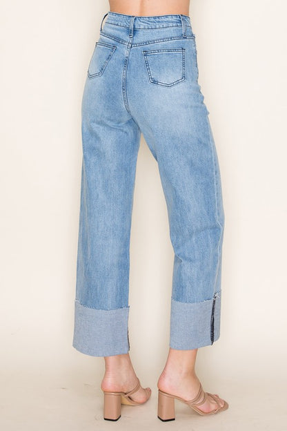 STRAIGHT LEG CUFFED DARK JEANS