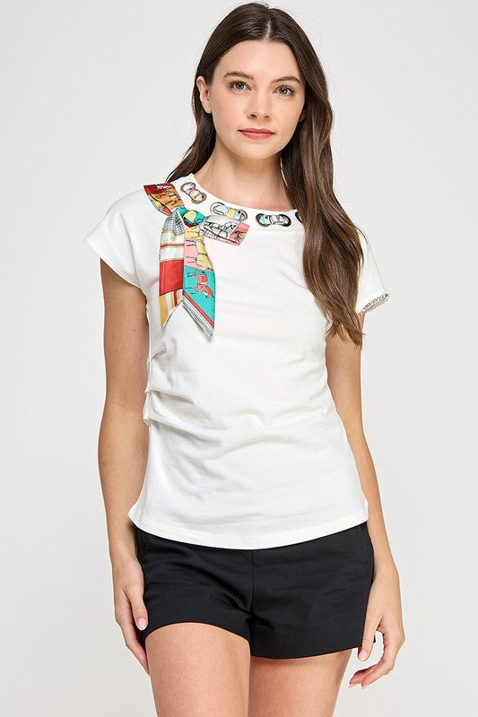 RIBBON DETAIL R NECK TSHIRT