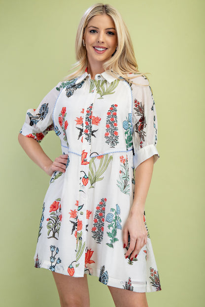 Floral Print Button Front Mini Shirt Dress