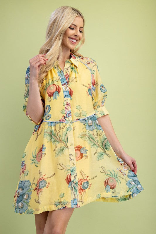 Floral Print Button Front Mini Shirt Dress