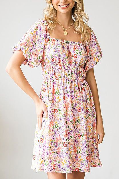 FLORAL PUFF SLEEVE SQUARE NECK  DRESS