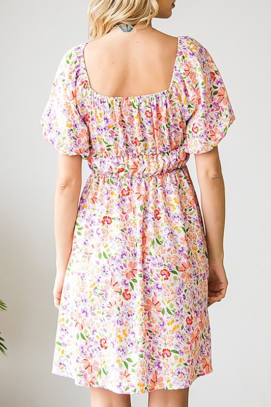 FLORAL PUFF SLEEVE SQUARE NECK  DRESS