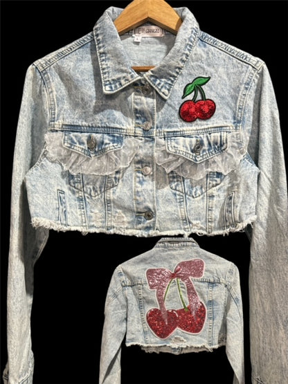 Denim Crop Jacket. (Cherries)