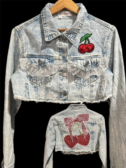 Denim Crop Jacket. (Cherries)