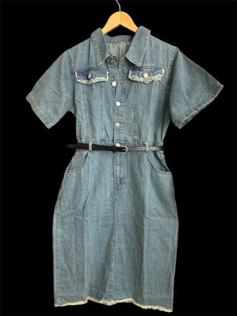 SHORT SLEEVE BUTTON UP BELT DENIM MIDI DRESS