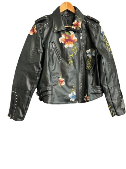 FLORAL EMBROIDERY LEATHER JACKET (BLACK)