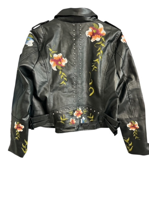 FLORAL EMBROIDERY LEATHER JACKET (BLACK)