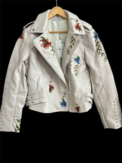 FLORAL EMBROIDERY LEATHER JACKET (WHITE)