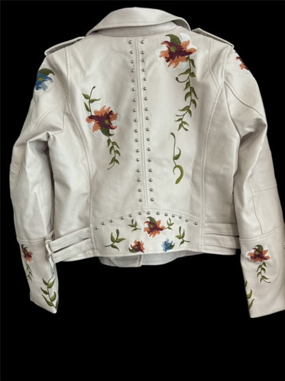 FLORAL EMBROIDERY LEATHER JACKET (WHITE)