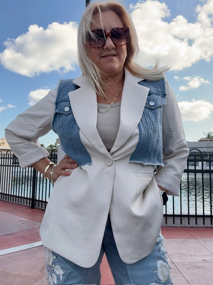 Denim Contrast Off White Blazer