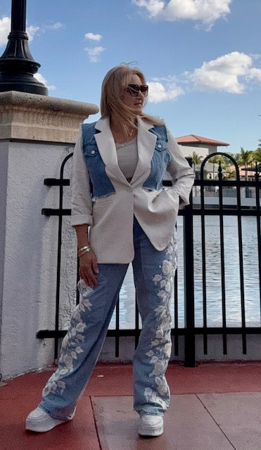 Denim Contrast Off White Blazer