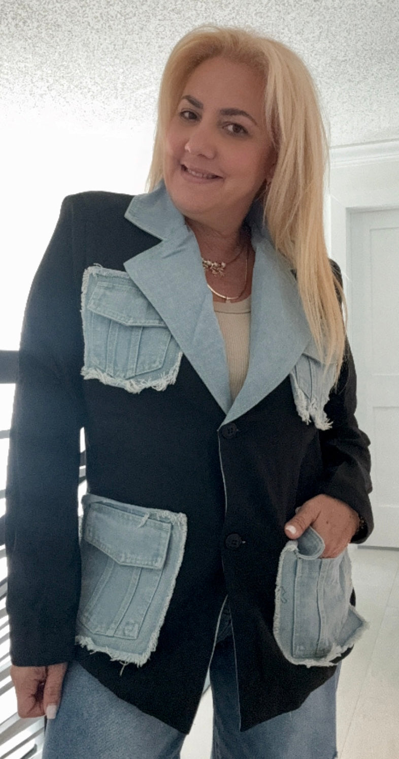 Contrast Denim and Black Blazer