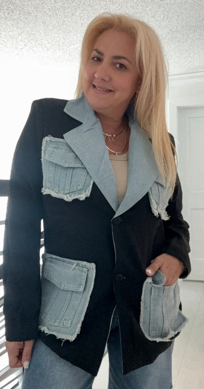 Contrast Denim and Black Blazer