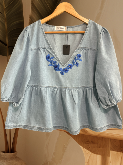 Denim Blouse (BLUE FLOWERS)