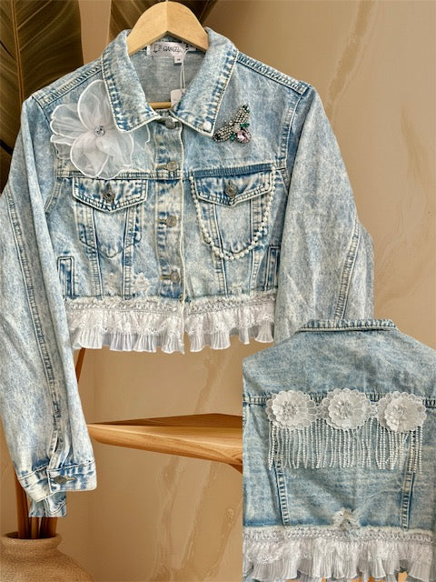 Denim Crop Jacket (White Flower & Bee)