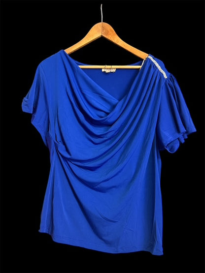 Draped Neckline Cascade and Rhinestone Trim Top (PLUS)