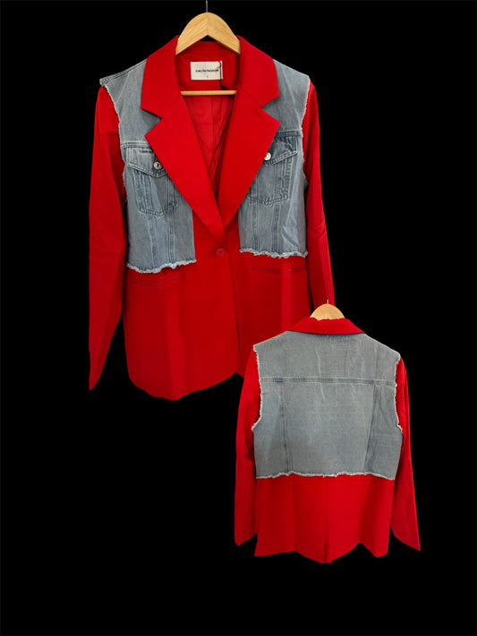 Denim Contrast Red Blazer