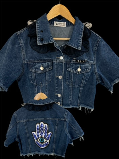 Denim Jacket (Black & Blue Hamsa)
