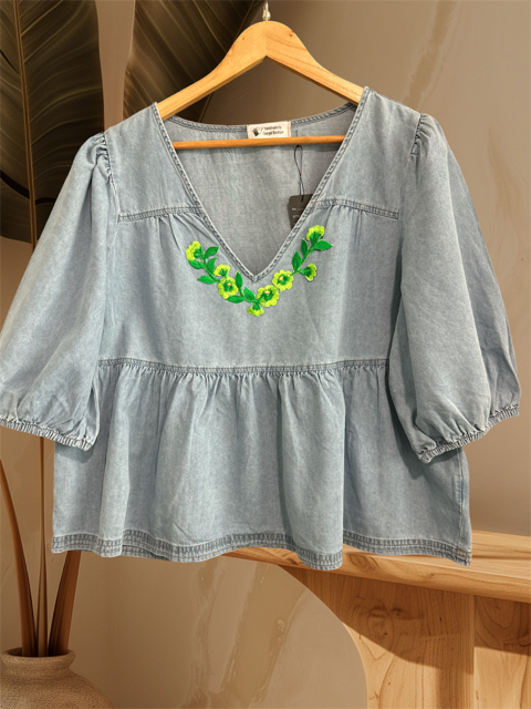 Denim  Blouse (GREEN FLOWERS)