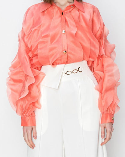 Long Sleeve Ruffled Organza Blouse